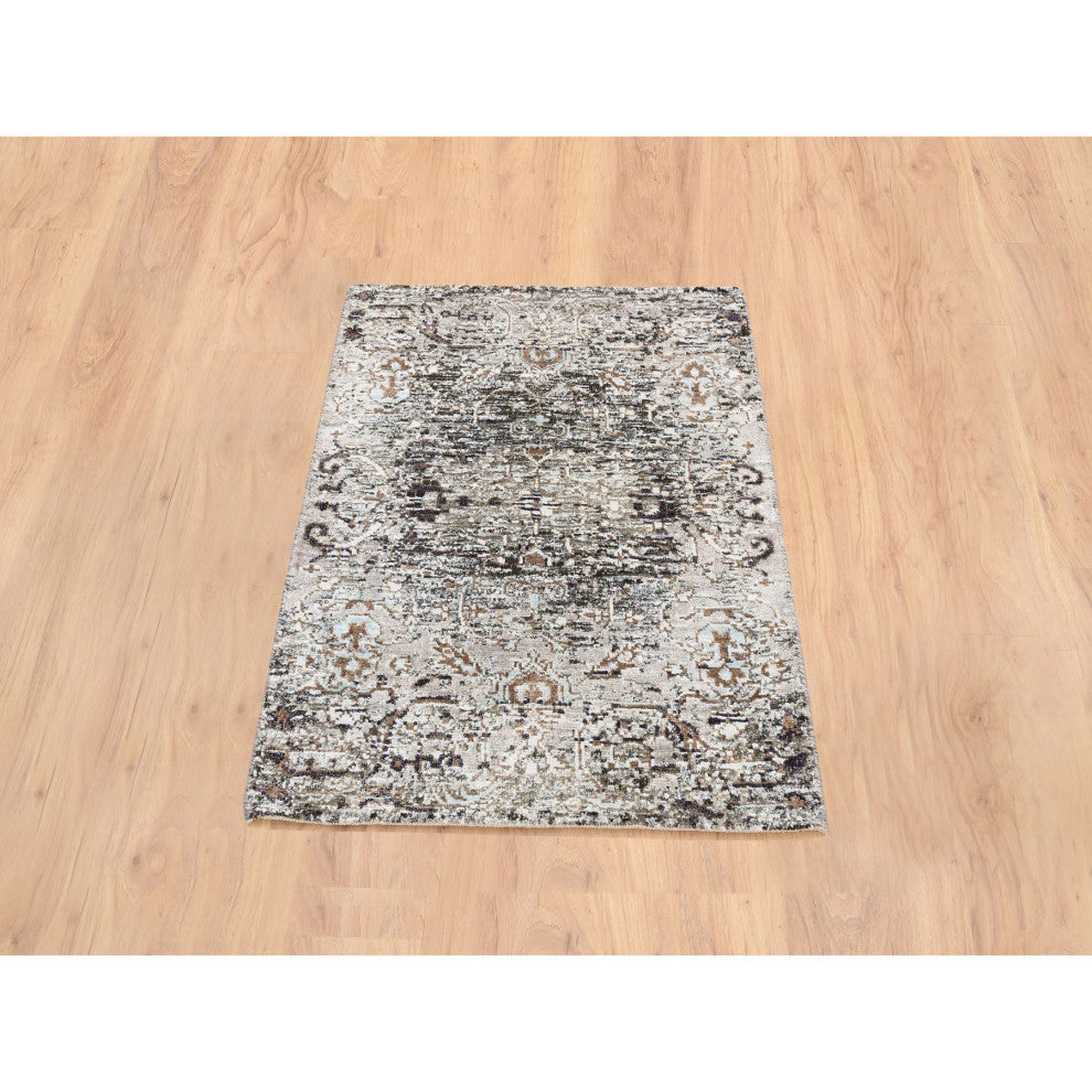 Gray, Hand Knotted Modern Persian Silk With Wool Mat Rug, 2'1"x3'0"
