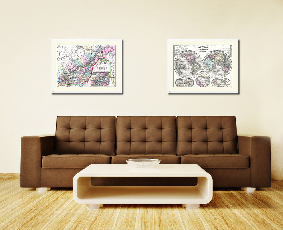 Quebec, Montreal Vintage Old Map Print On Canvas With Picture Frame 28" X 37"