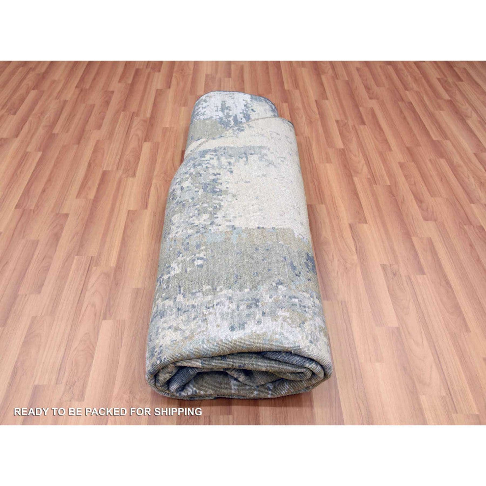 Gray Abstract Design, Hand Knotted Natural Wool Round Oriental Rug, 8'1"x8'5"