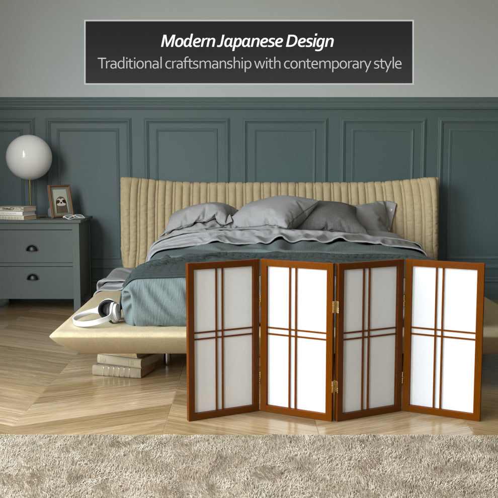 2' Tall Desktop Double Cross Shoji Screen, Walnut, 4 Panels
