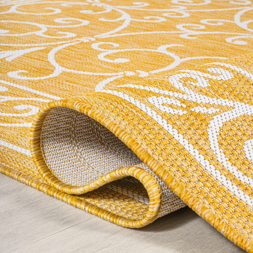 Charleston Filigree Textured Weave Indoor/Outdoor, Yellow/Cream, 5' Square