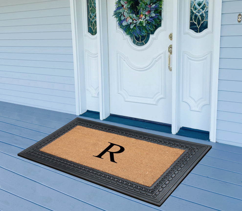 Rubber And Coir, Black/Beige  24"x39" Heavy Duty Outdoor Monogrammed Doormat, R