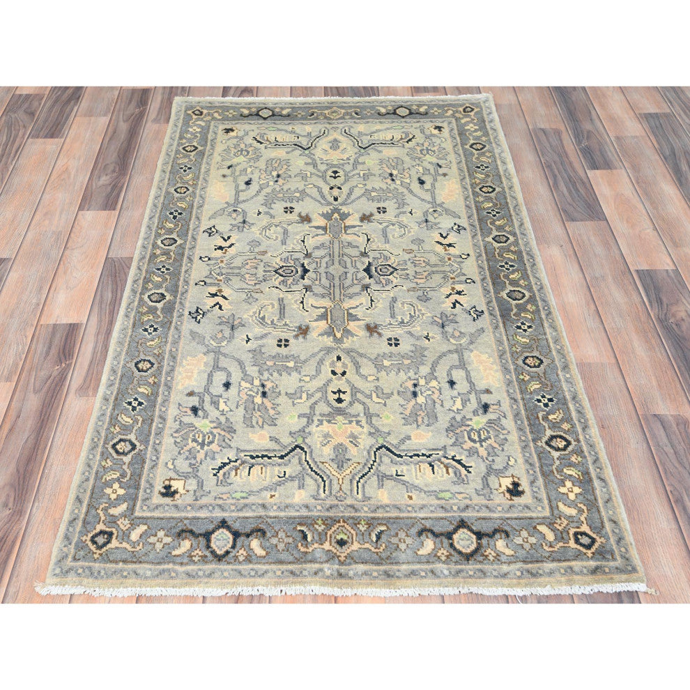 Beige Afghan Peshawar Heriz Wool Hand Knotted Oriental Rug, 2'10"x4'10"