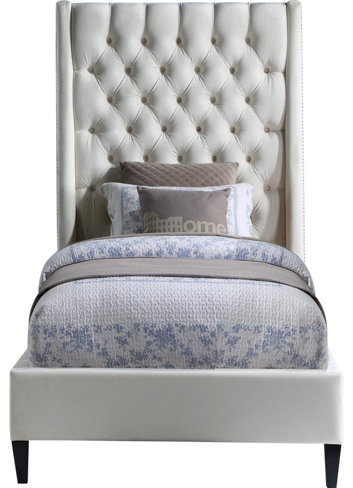 Fritz Velvet Upholstered Bed, Cream, Twin