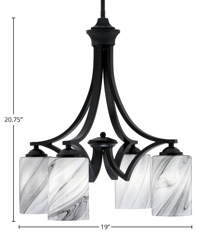 Zilo Downlight, 4 Light, Chandelier, Matte Black Finish, 4" Onyx Swirl Glass