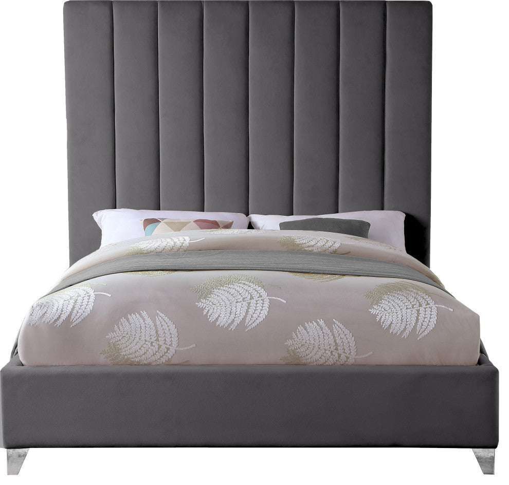 Via Velvet Upholstered Bed, Gray, Queen