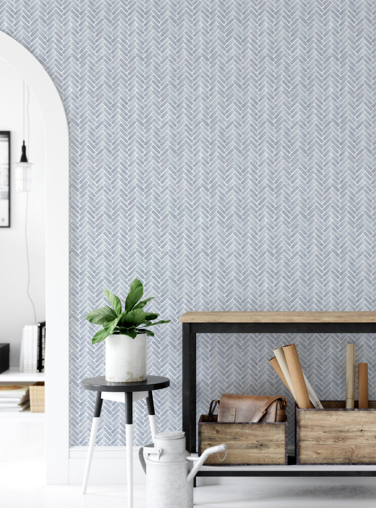 Watercolor Herringbone Peel and Stick Vinyl Wallpaper, Van Deusen Blue, 24"w X 108"h