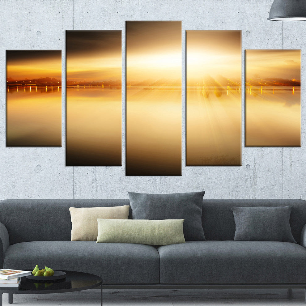 "Sunset With Views On The Lake" Wall Art Landscape, 5 Panels, 60"x32"