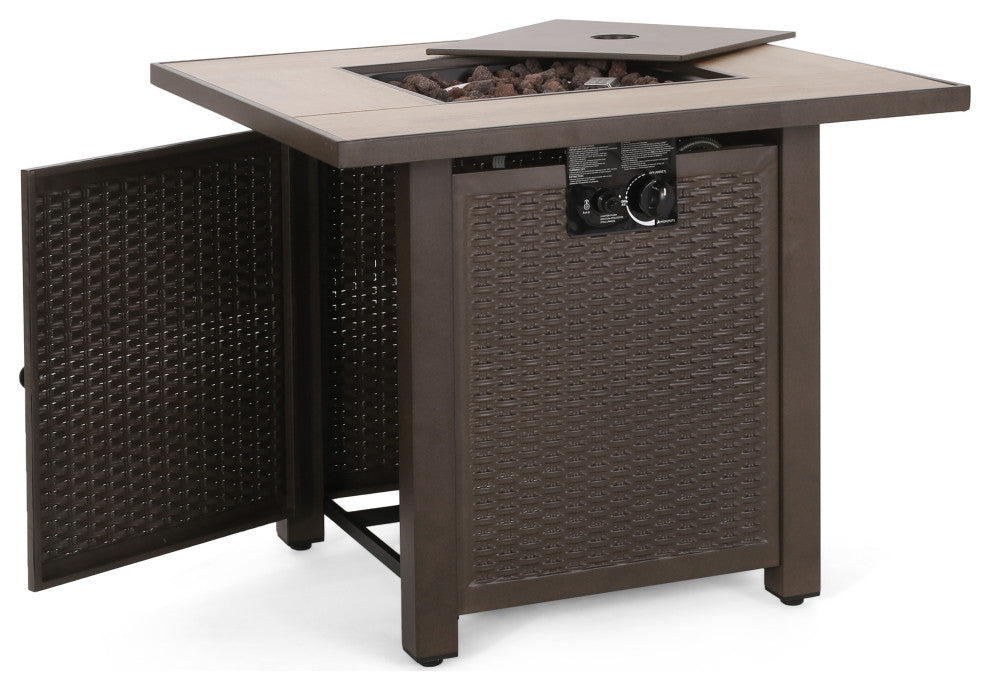 Larry Outdoor 40,000 BTU Iron Square Fire Pit, Dark Brown/Brown Wood Grain