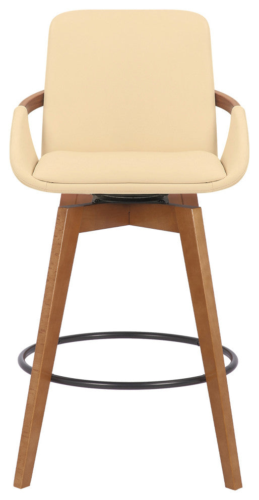 Baylor Swivel Wood Stool, Faux Leather, Cream/Walnut, 26" Counter Height