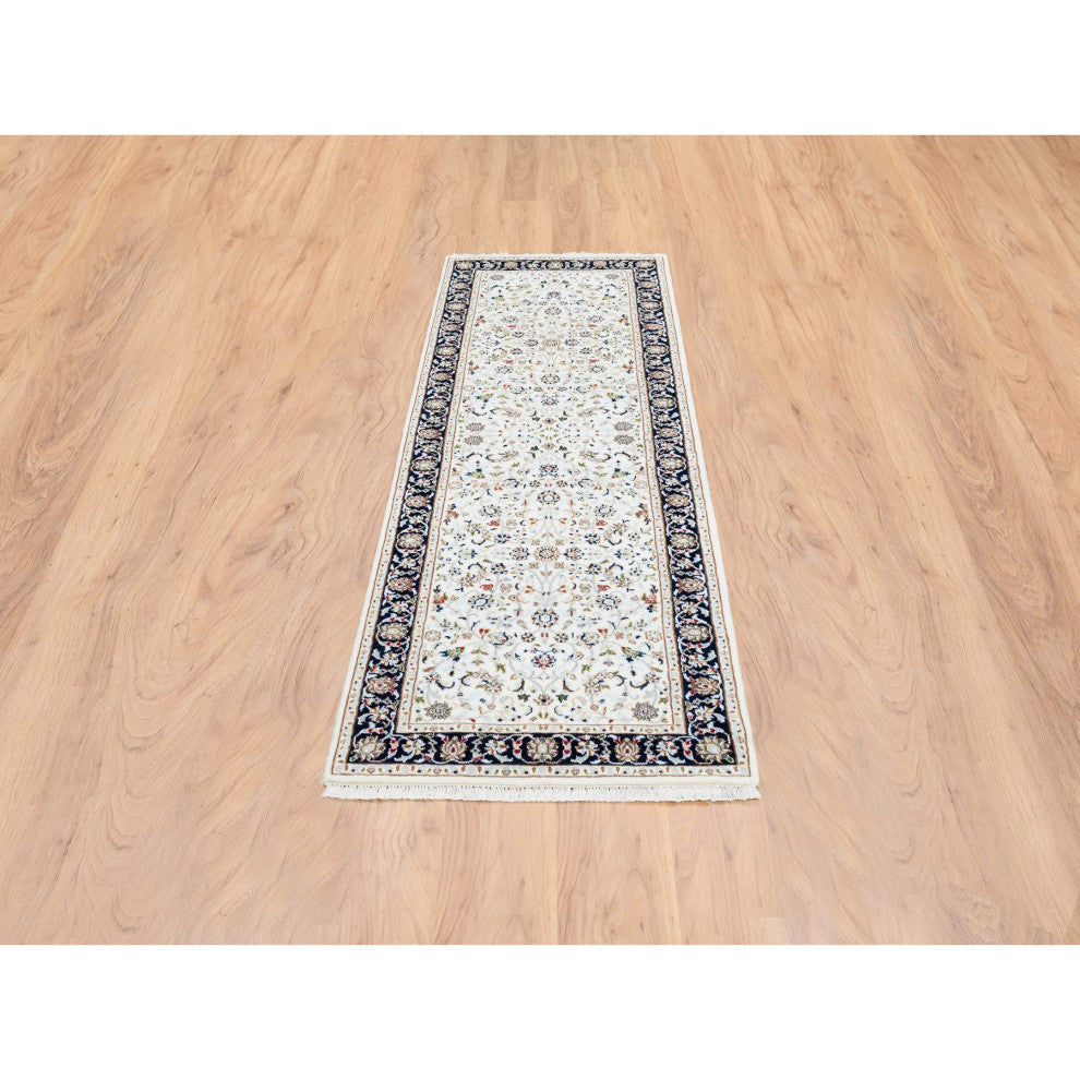 Ivory, Hand Knotted Nain, 250 KPSI Wool and Silk Runner Rug, 2'7" x 8'3"