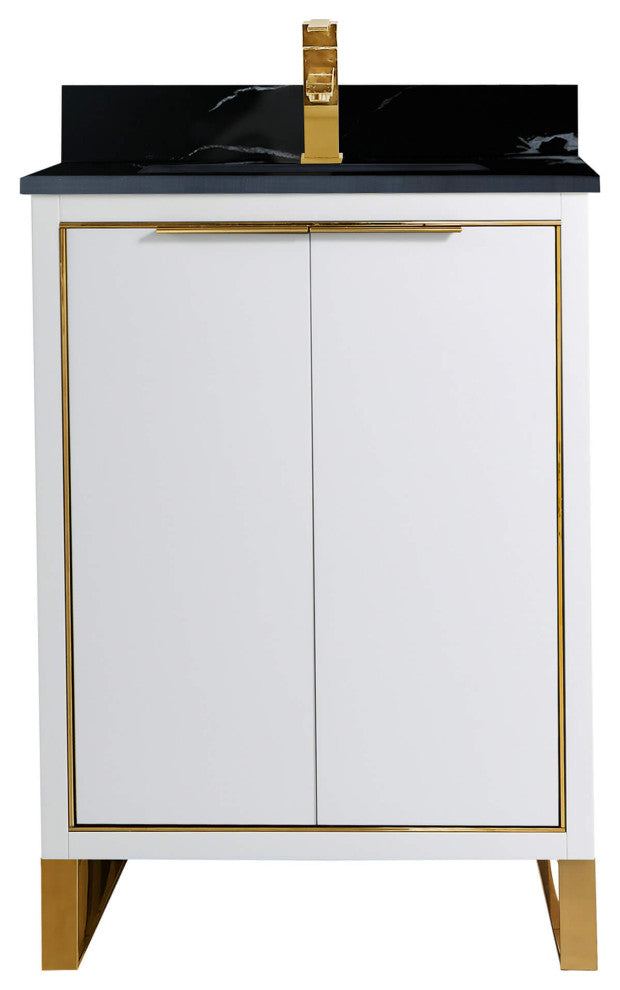 Opulence Bath Vanity, White Matte, 24", Satin Brass Hardware, Black Marble Top
