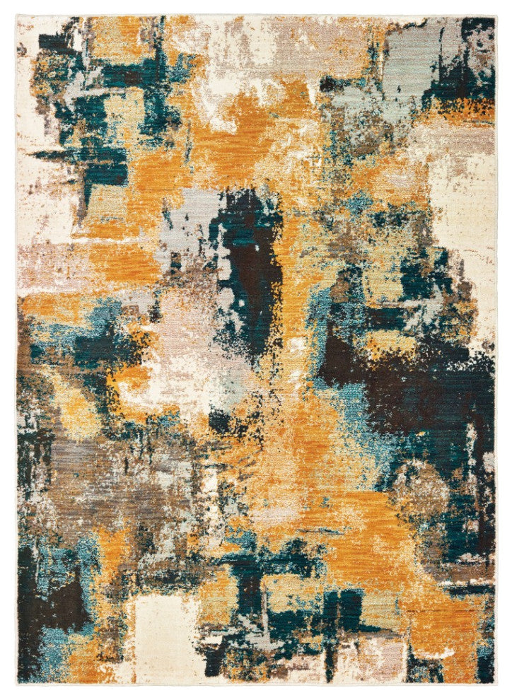 5??8??Blue And Gold Abstract Strokes Area Rug