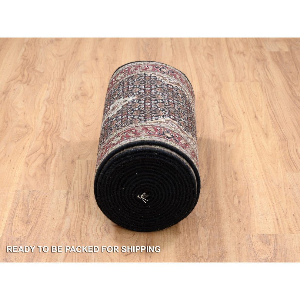 Rich Black Hand Knotted Soft Wool and Silk Runner Oriental Rug, 2'4"x27'1"