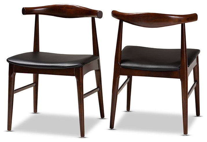 Eira Mid-Century Modern Black Faux Leather Walnut Wood Dining Chair Set of 2