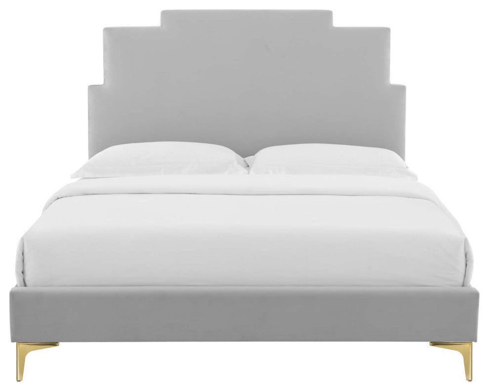 Platform Bed Frame, Full Size, Velvet, Light Gray, Modern Contemporary