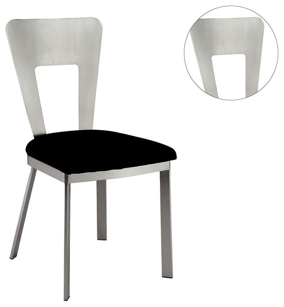 Set of 2 Dining Chair, Silver Finished Open Back With Black Microfiber Seat