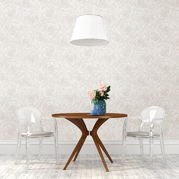 Abstract Artistic Floral Monochromatic Wallpaper, Gray on White, Sample