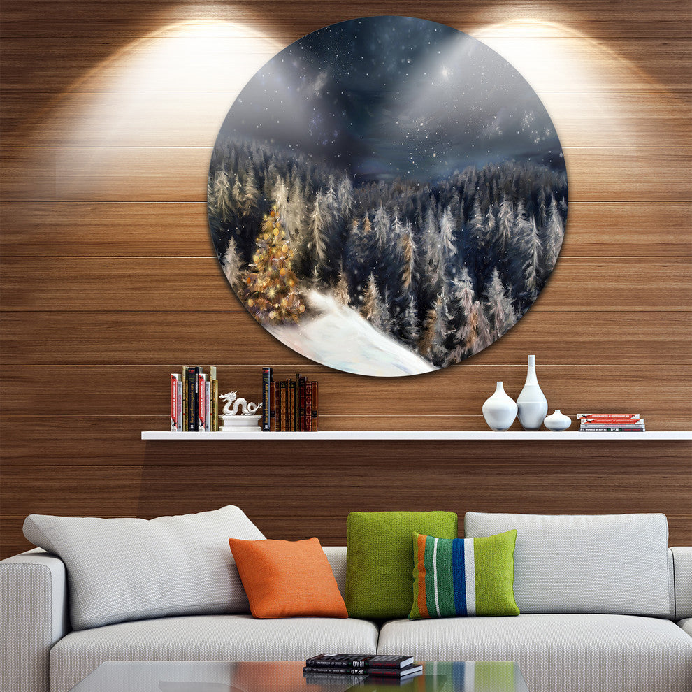 Night Forest Christmas Tree, Landscape Digital Round Wall Art, 11"