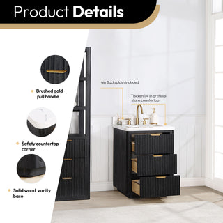 Vinnova Cadiz Bath Vanity, Composite Stone Top, Black, 24", No Mirror