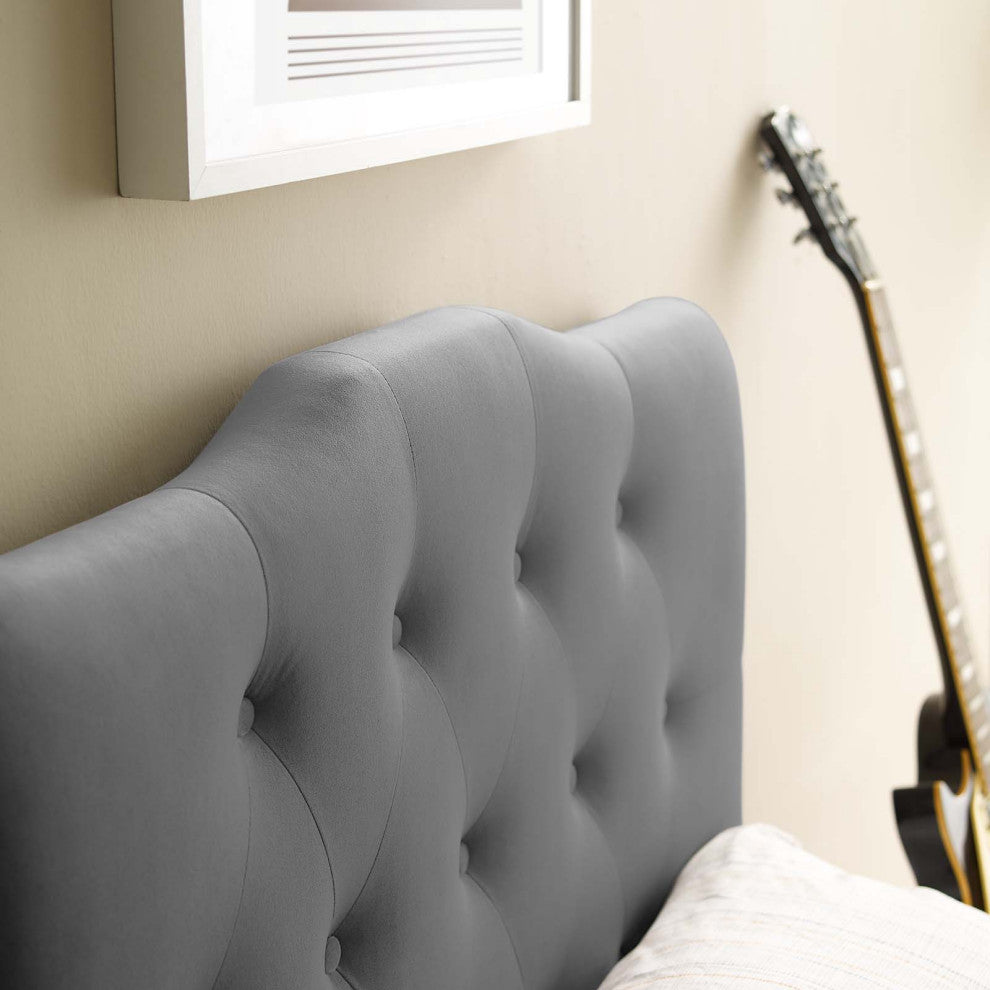 Contemporary Modern Twin Size Tufted Headboard, Velvet Fabric, Grey Gray