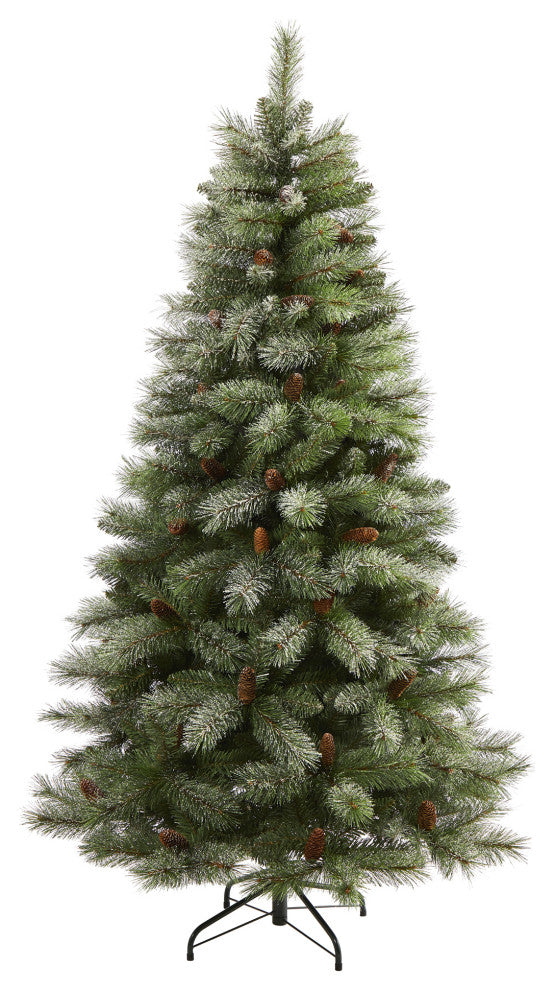 6' Snowed French Mountain Pine Faux Xmas Tree W/Bendable Branches & Pinecones