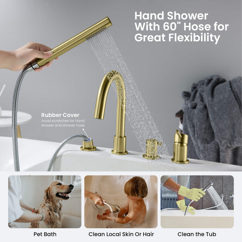 Circular Deck Mounted Bathtub Faucet With Hand Shower, Brushed Gold
