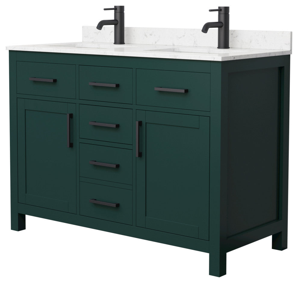 48"DBL Bathroom Vanity Green, Carrara Cult. Marble Countertop, Sinks, Black Trim