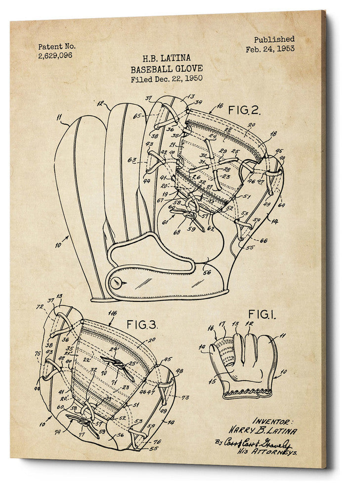 Epic Graffiti "Baseball Glove Blueprint Patent Parchment" Giclee Canvas, 18"x26"