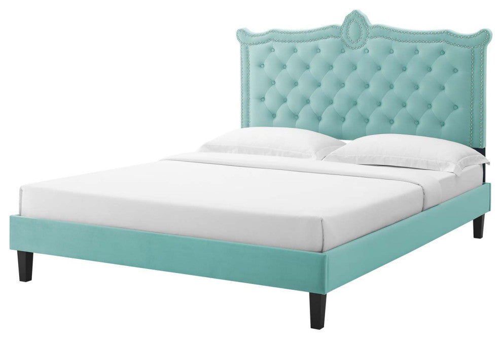 Platform Bed Frame, Nailhead, Queen Size, Blue, Velvet, Modern, Guest Suite