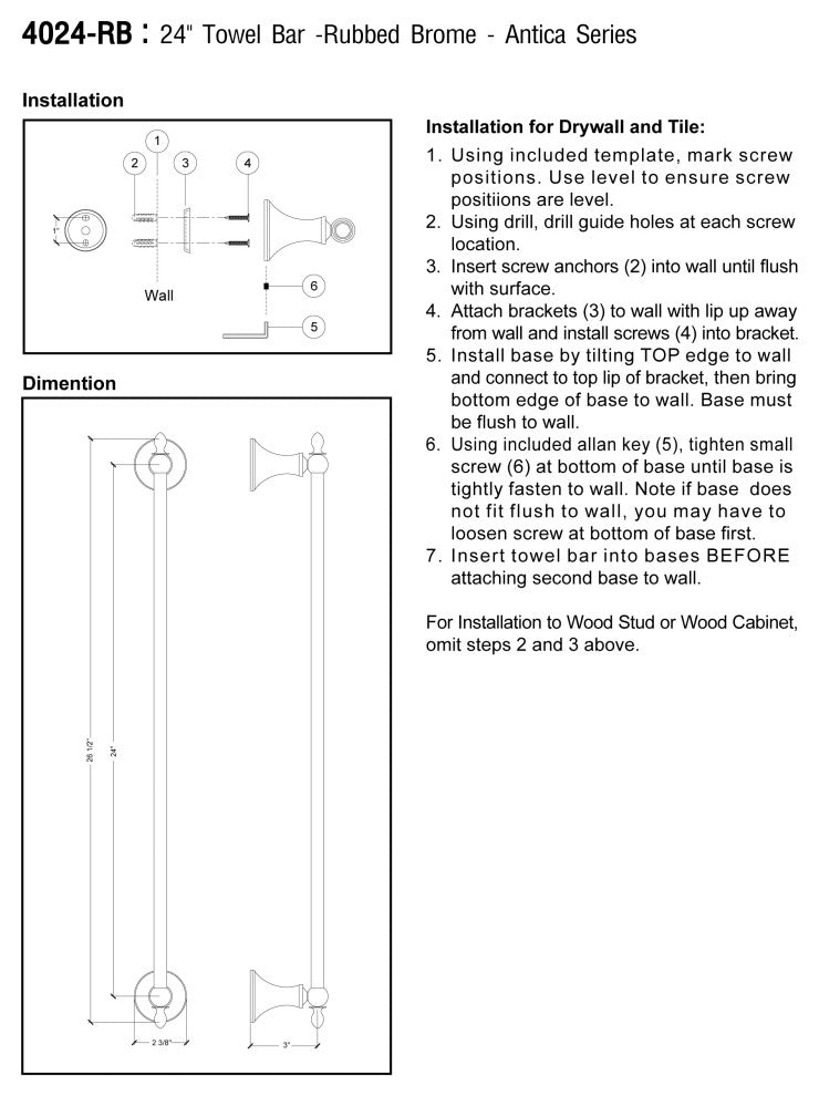 MODONA's 24" Towel Bar Antica Series -, Rubbed Bronze