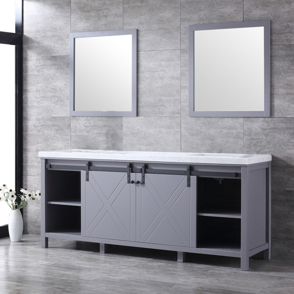 Marsyas 80" Dark Gray Double Vanity Carrara Marble Top Sinks, 30" Wall Mirrors