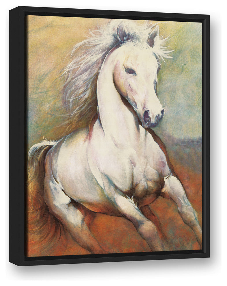 White Horse Running Wild 18x24 Black Floating Framed Canvas
