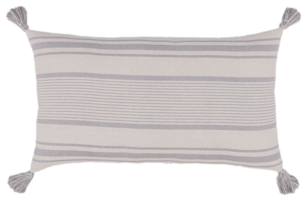 Grey White Machine Woven with Tassels Nolan Throw Pillow, 16" x 26"