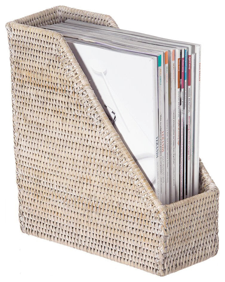 La Jolla Handwoven Rattan Magazine File, Handwoven, White Wash