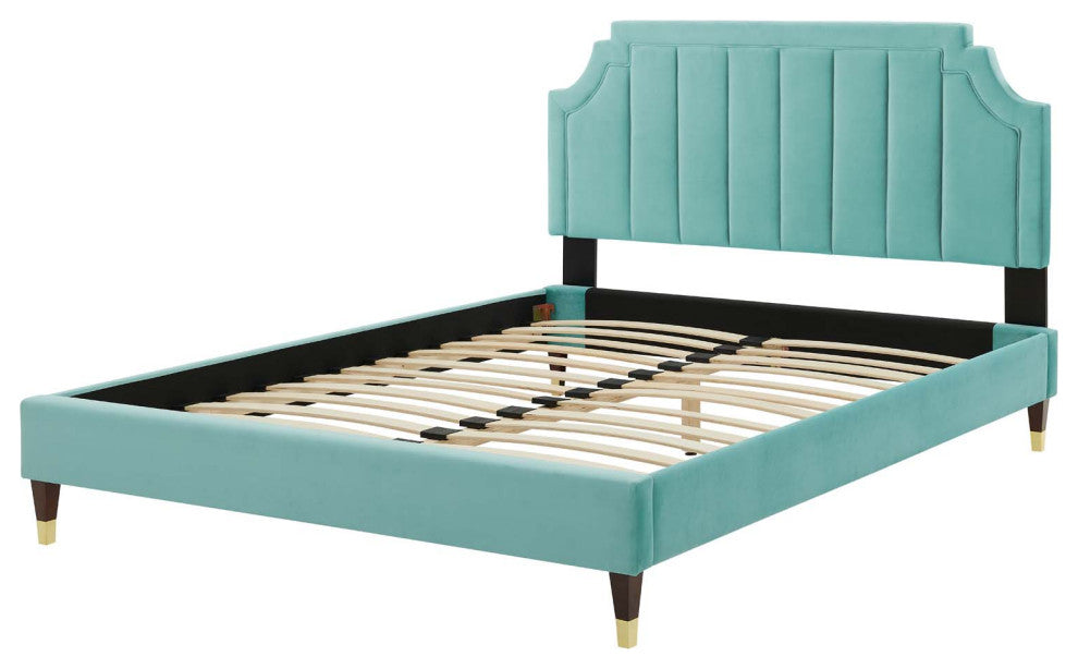 Platform Bed Frame, King Size, Velvet, Blue, Modern Contemporary, Bedroom Master