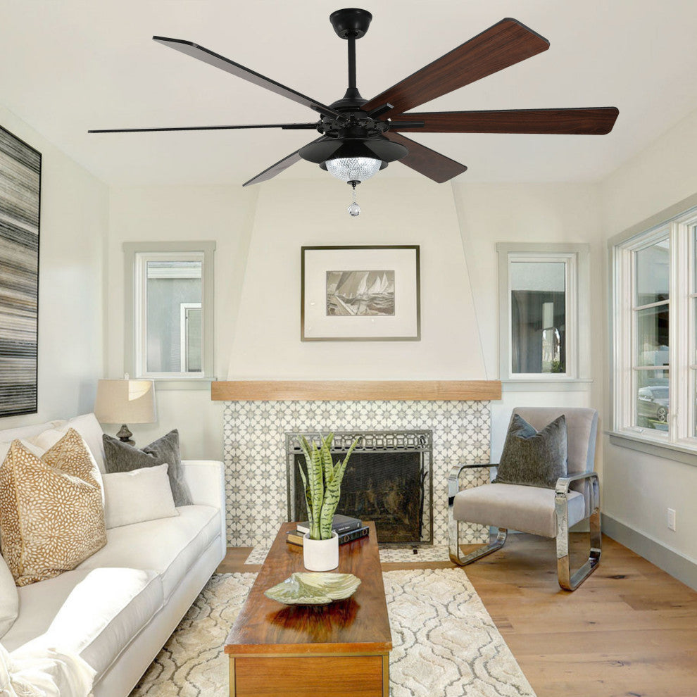 72" Antique Lagre Ceiling Fan, Wood Blades and LED Lights Kit w Crystal Shade, Gold