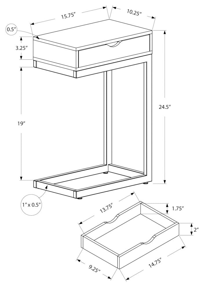 Accent Table, C-Shaped, Storage Drawer, Metal, Laminate, Grey, Black