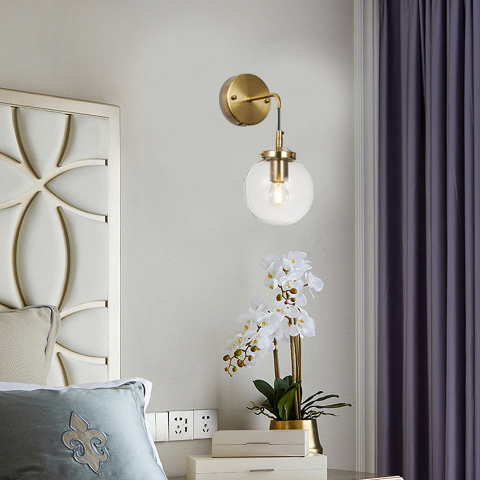 Brass Frame With Black Cord and Clear Glass Globe Shade Wall Sconce