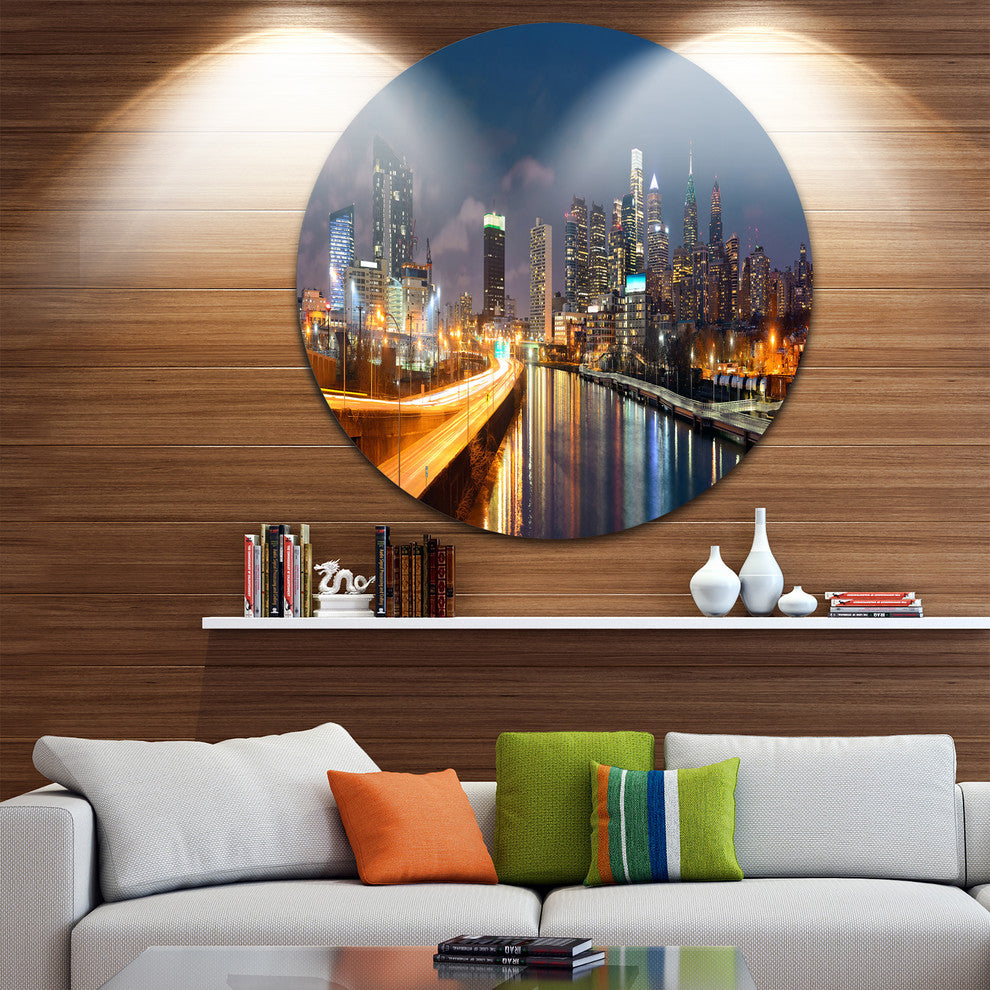 Philadelphia Skyline At Night, Cityscape Disc Metal Wall Art, 23"
