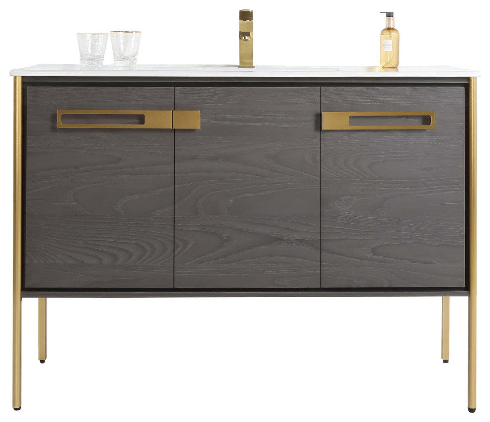 Oakville Bath Vanity, Ceramic Sink, Black Coal Oak, 48 Inch, Satin Brass Hardwar