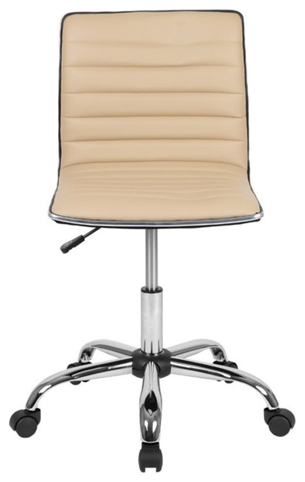 Low Back Armless Ribbed Swivel Task Office Chair, Tan Vinyl, Chrome Frame