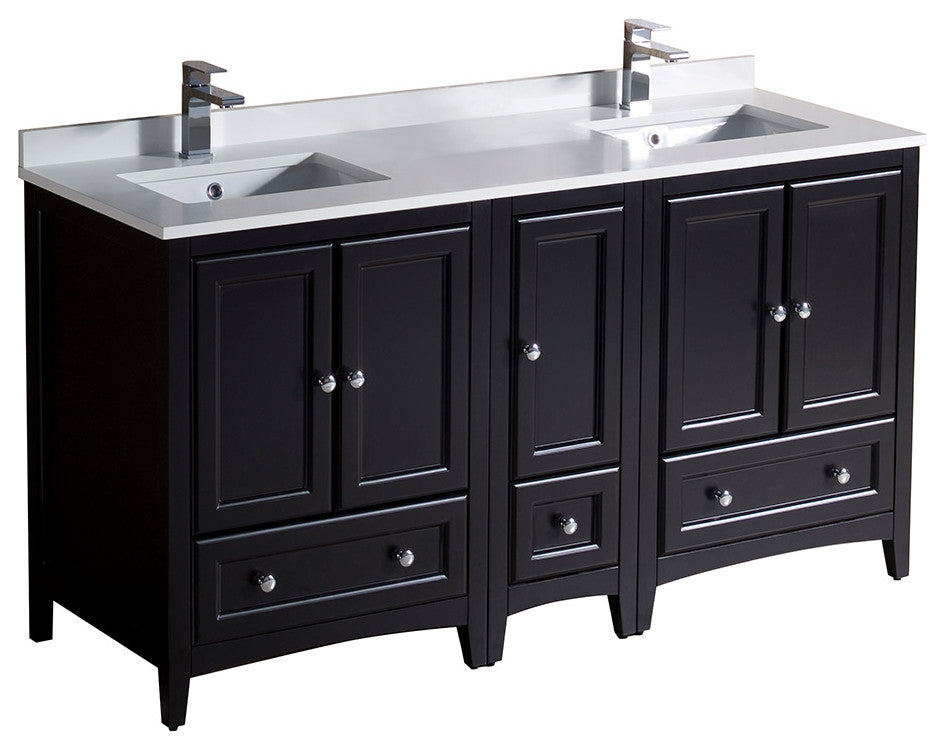 Oxford 60" Double Bathroom Cabinet, Espresso, With Top and Sinks