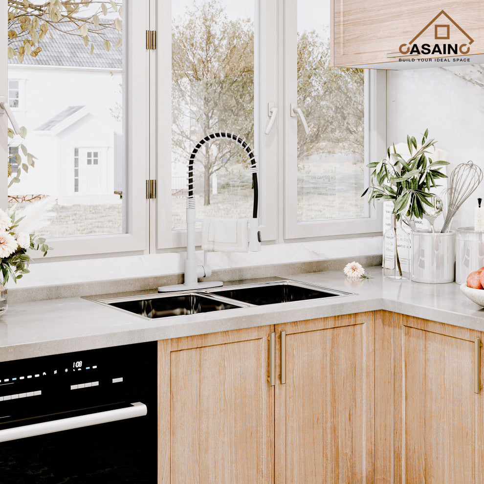 Spring Standard Kitchen Faucet with Dual-Function Spray Head and Deck Plate, Matte White