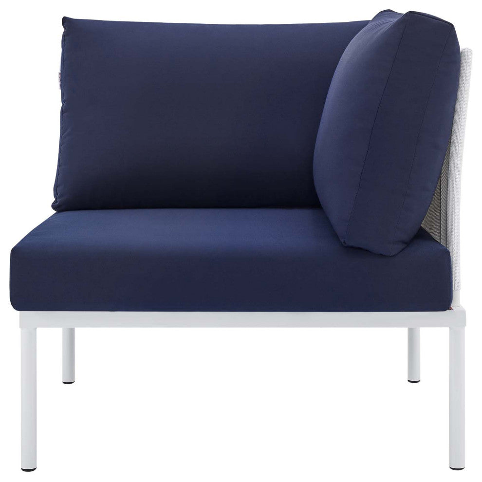 Sofa Corner Chair, Sunbrella, Aluminum, Metal, White Blue Navy, Modern, Outdoor