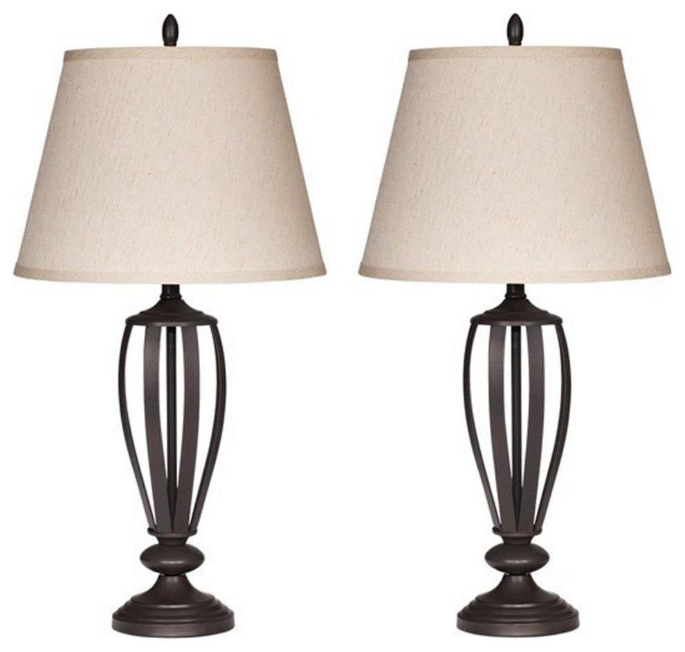 Benzara BM227372 Fabric Shade Metal Frame Table Lamp ,Set of 2, Cream & Bronze