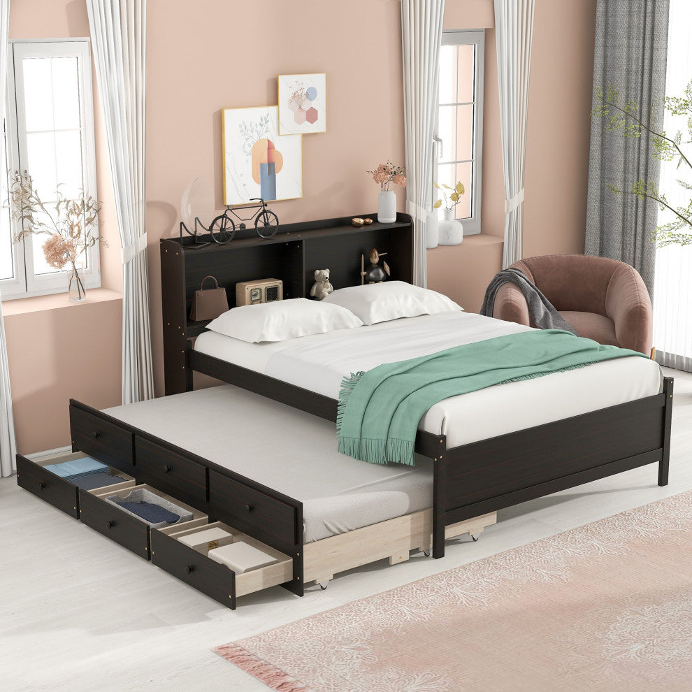 Full/Twin Wood Frame Platform Bed with Trundle and Drawers, Espresso, Full