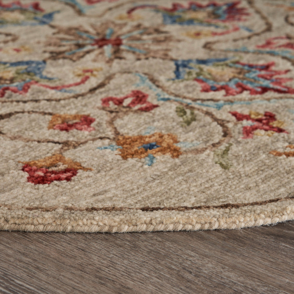 4' Round Beige Floral Medallion Area Rug