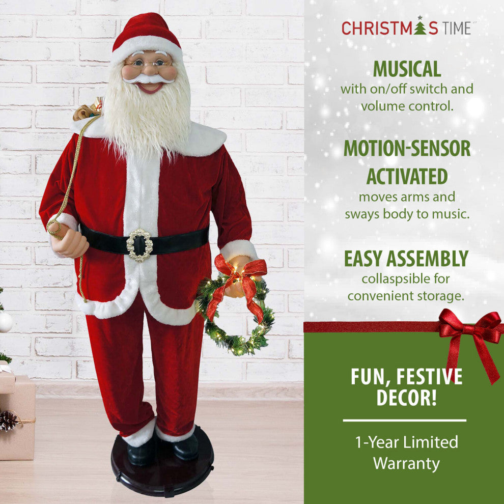 58" Traditional Dancing Santa Claus With Wreath and Gift Sack, Home Decor
