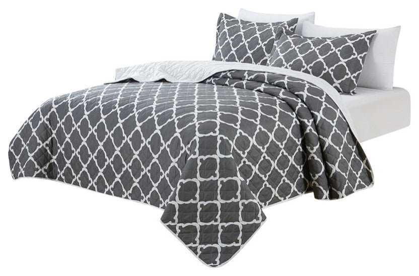 Bibb Home 3 Piece Reversible Quilt Set, White Trellis, King